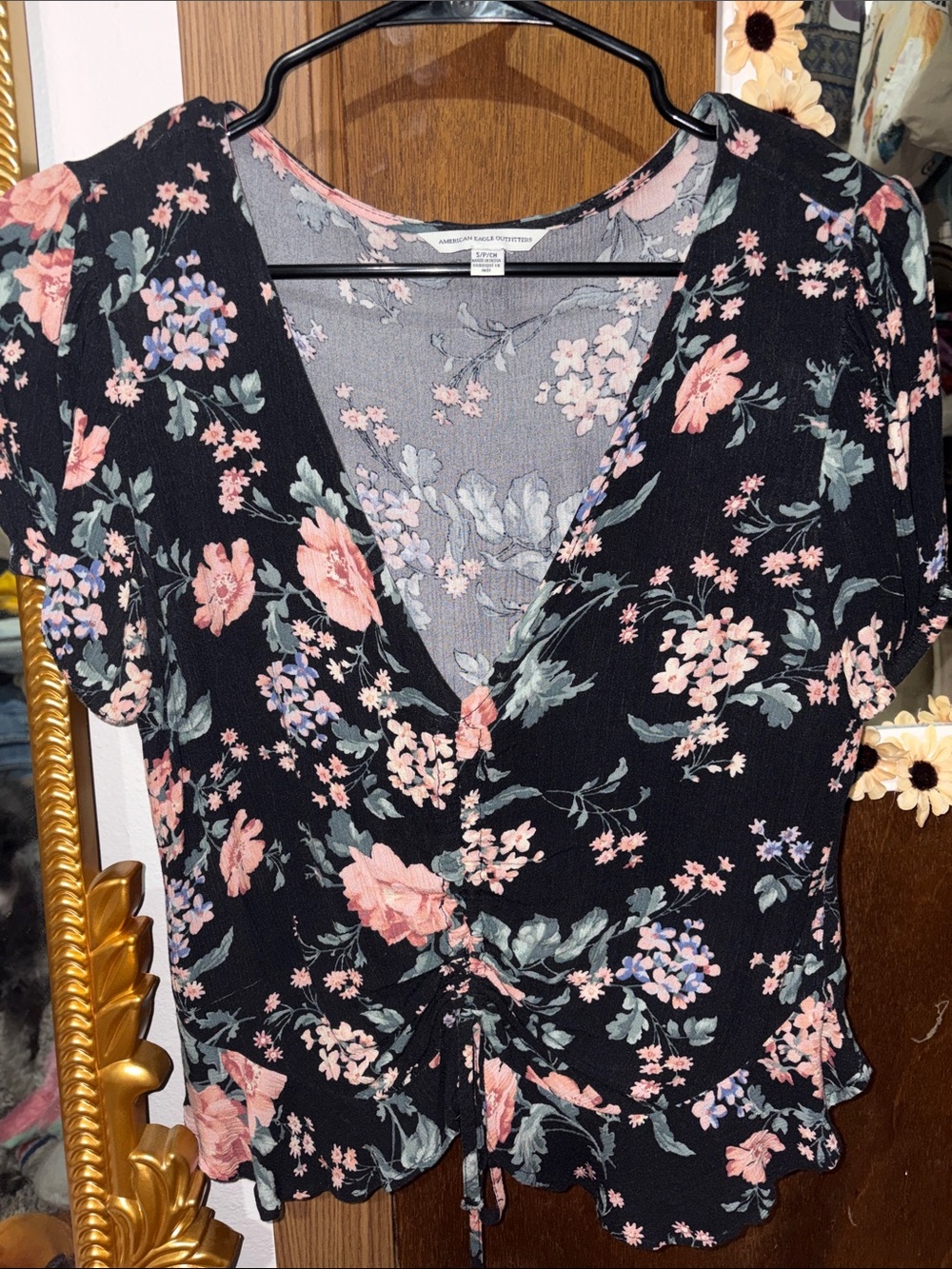 Black Floral V-Neck Tie-Front Women's American Eagle Blouse